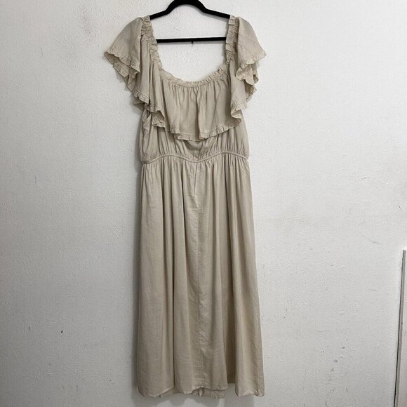 Andree By Unit Beige Maxi Long Dress Size 1X Off The Shoulder Ruffled Tie Front - Picture 7 of 11